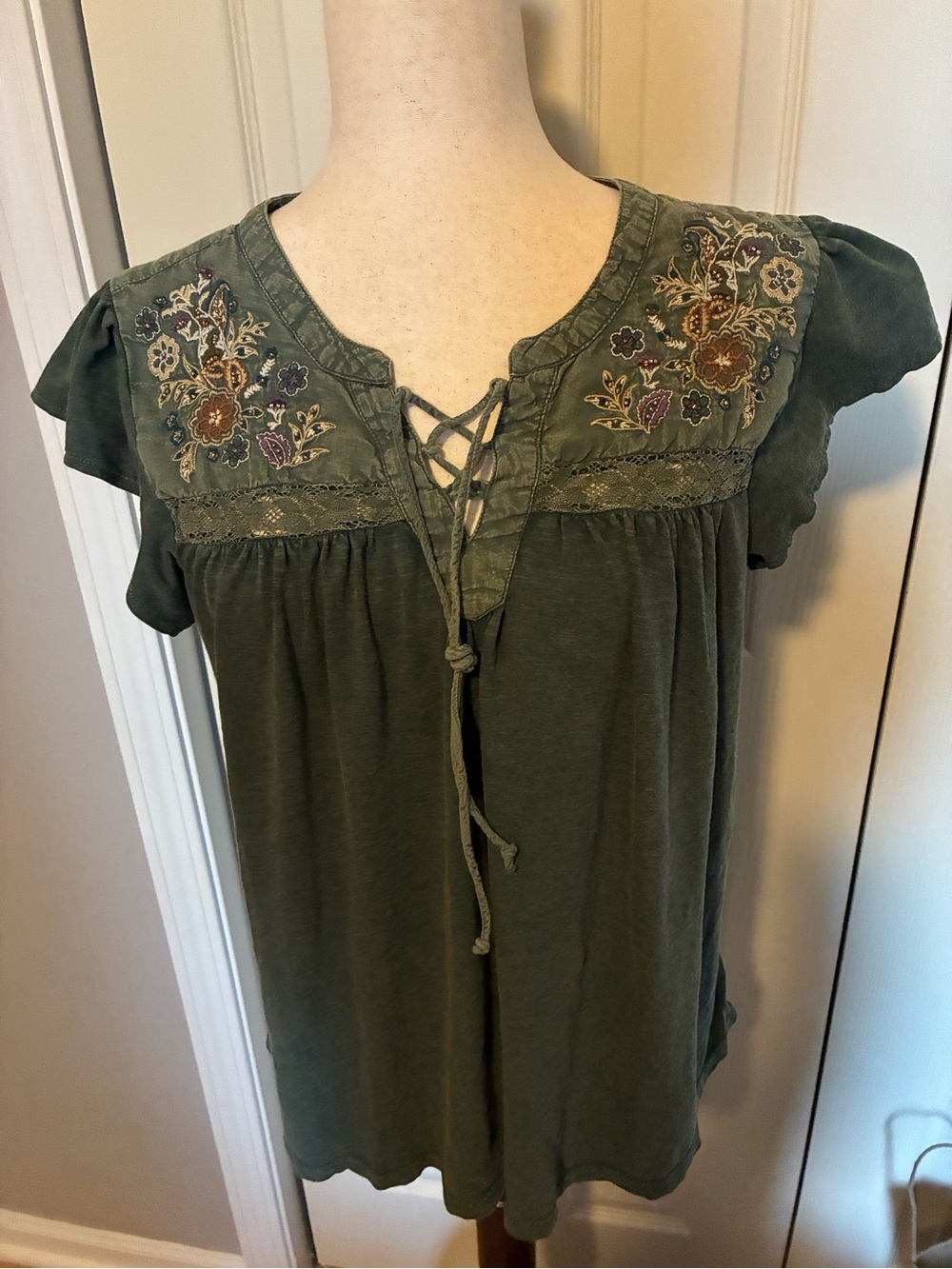 Cato Olive Green Embroidered Lace-Up Women's Top